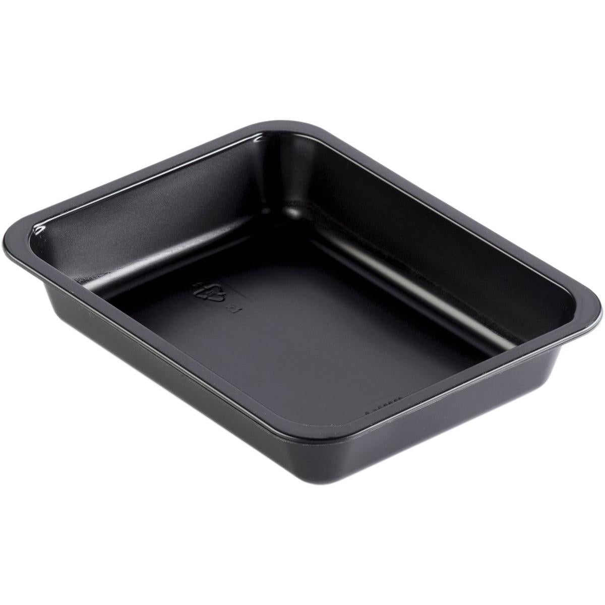 The Duni GmbH PP bowl Caterline 1 Black PP 227x178 is a rectangular, black baking dish with rounded corners and flat sides, depicted on a plain white background.
