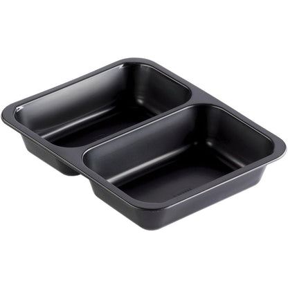 The PP bowl Caterline 2 Black from Duni GmbH (227x178 mm) with two rectangular compartments is seen from an angled perspective on a white background - perfect for catering events.