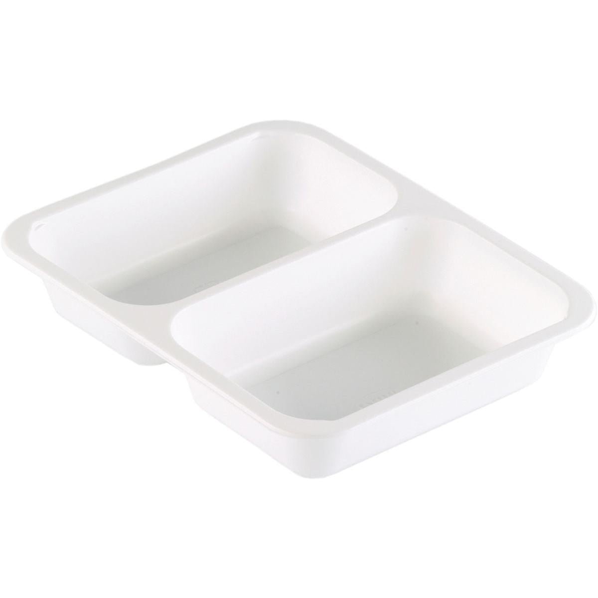 The Duni GmbH PP bowl Caterline 2 White PP 227x178 is a white, rectangular tray with two compartments - perfect as organized catering tableware for food service.