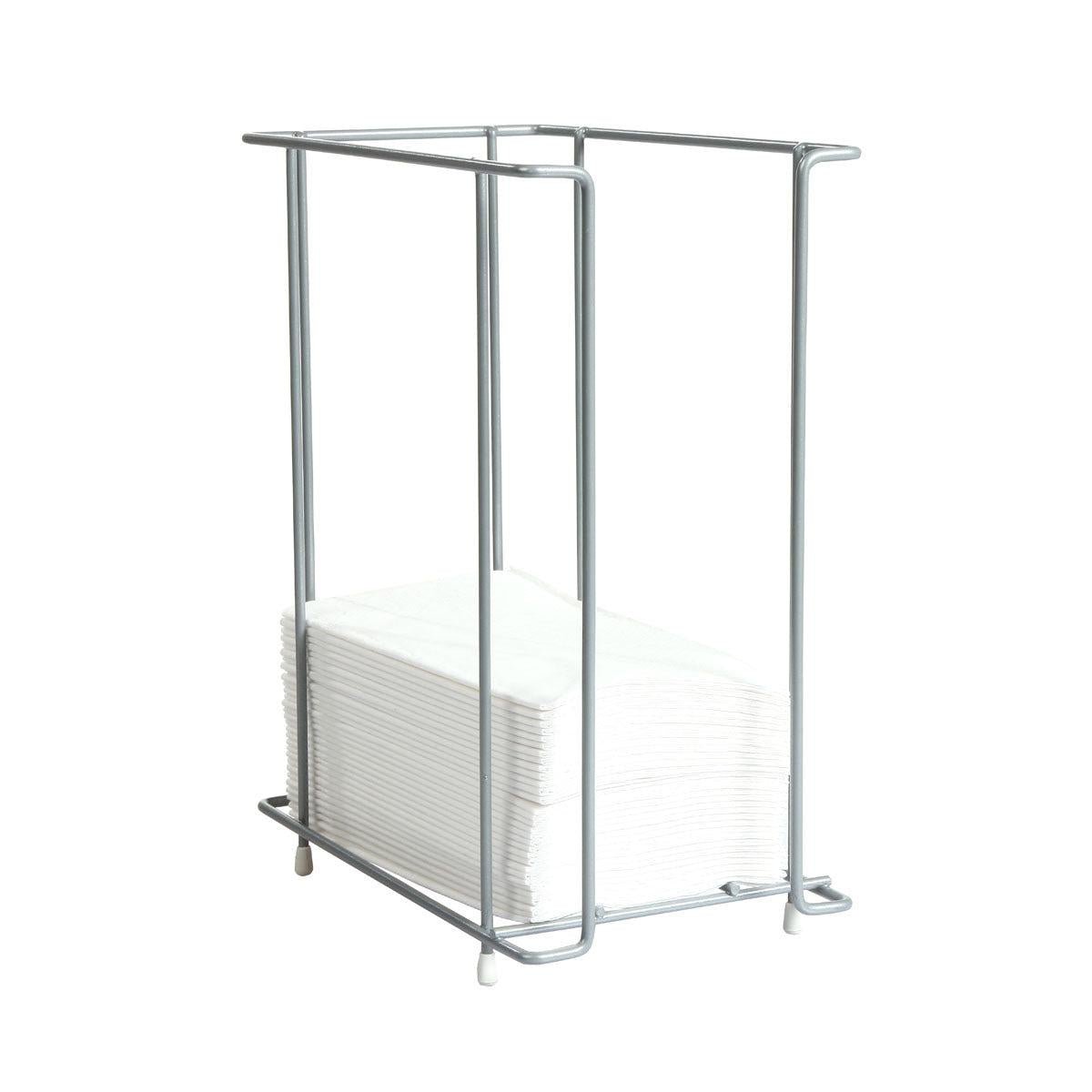 The metal napkin dispenser 24 cm for 1/4F napkins by Duni GmbH is an elegant, rectangular, open frame dispenser with four white feet that holds a stack of napkins.