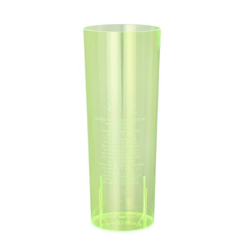 A transparent, tall, cylindrical, green Starpak long drink glass (0.3 l, Ø 5.85 cm - 15.2 cm) stands upright on a white background with a slightly tapered shape and faint white vertical lettering on the side.