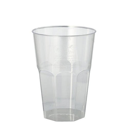 The Starpak 20 glasses for Caipirinha (0.3 l, Ø 8 cm, 11 cm) are transparent PS plastic cups with a faceted bottom design - ideal for serving drinks at parties and events; 20-piece set in shrink wrap.