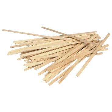 Several wooden stirrers of the brand Abena Re-Seller GmbH are scattered on a white background. The thin, flat sticks with rounded ends are ideal for the kitchen.
