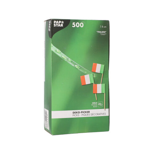 A white box with the inscription "PAPSTAR 500 Deco-Picks 8 cm white" from PAPSTAR GmbH contains environmentally friendly deco-picks for stylish presentations. Various deco-picks and a multilingual text are depicted on the front.