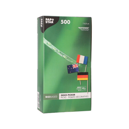 A white box with the inscription "PAPSTAR 500 Deco-Picker 8 cm white" from PAPSTAR GmbH contains bio-based, eco-friendly picks – ideal for stylish presentations with various flag designs.