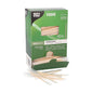 A green PAPSTAR box labeled "Toothpicks round 6.5 cm, wood with menthol flavor" (1000 pieces) shows wooden toothpicks through a window. In front, there are some individually wrapped toothpicks for better oral hygiene.