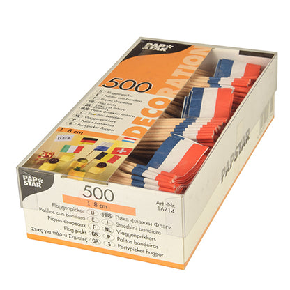 A box with 500 PAPSTAR Deco-Pickers 8 cm white from PAPSTAR GmbH, ideal for stylish presentations. The transparent packaging bears the inscription "Pap Star" and contains product details in multiple languages.