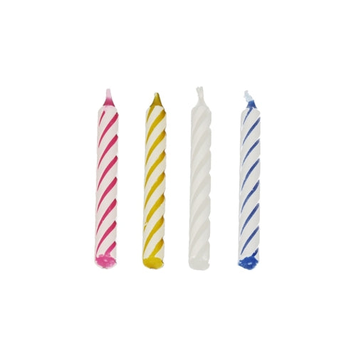 Four PAPSTAR birthday candles 6 cm, assorted colors (Pink, Yellow, White, Blue), by PAPSTAR GmbH stand side by side on a white background. The candles are part of a folding box with 144 pieces.