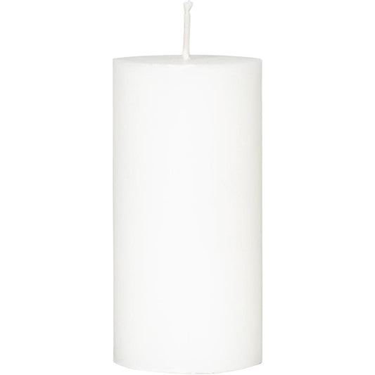 Eine Duni GmbH Stumpenkerze aus Stearin (weiß, 100x50mm) steht aufrecht vor weißem Hintergrund. Die Kerze ist geruchlos, hat einen Docht und bietet bis zu 50 Stunden Brenndauer pro Stück.