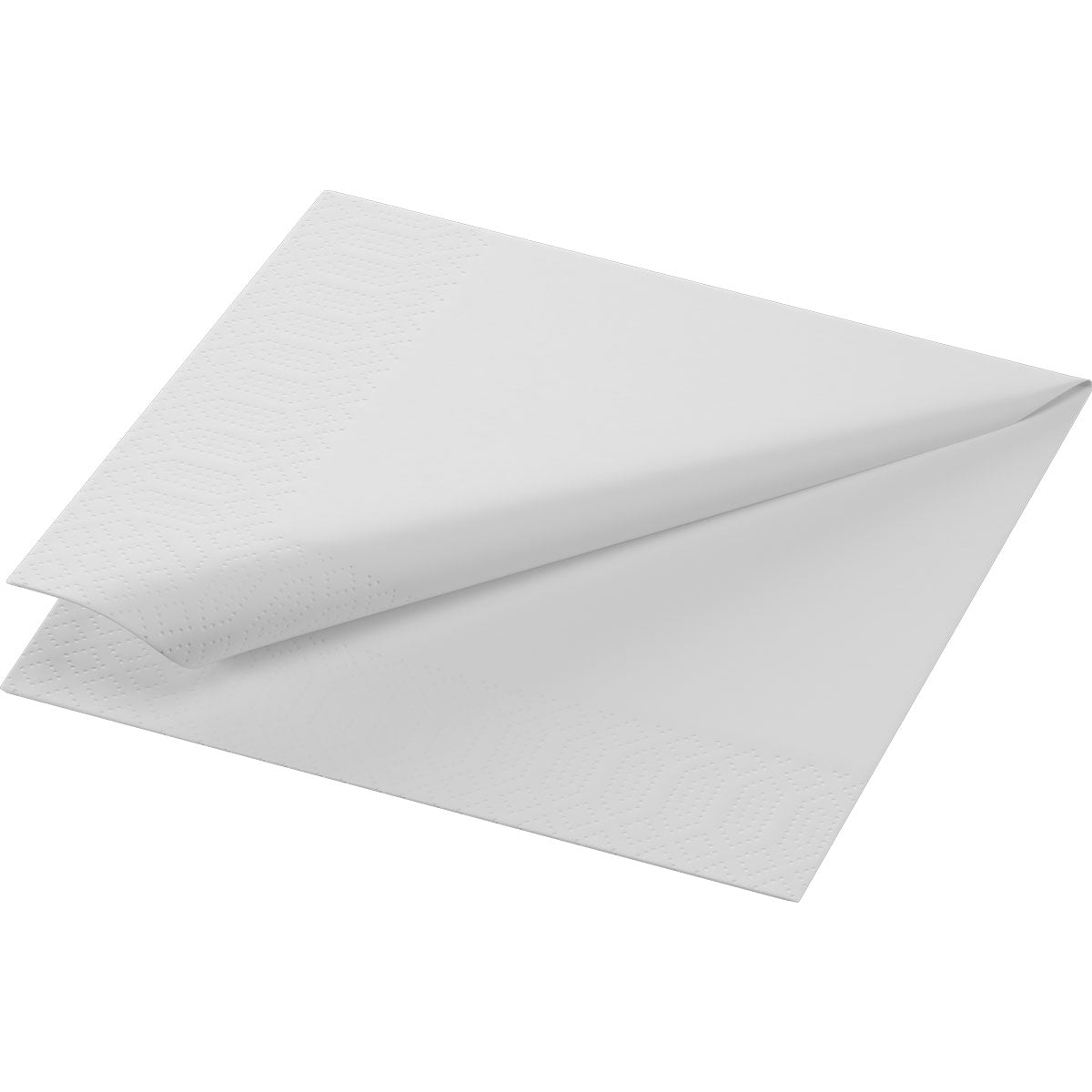 Pictured is a Duni GmbH cell.-napkin 24x24 cm, 3-ply, white from a pack of 250, folded diagonally. It has an embossed edge and a smooth center, making it an environmentally friendly option for any set table.