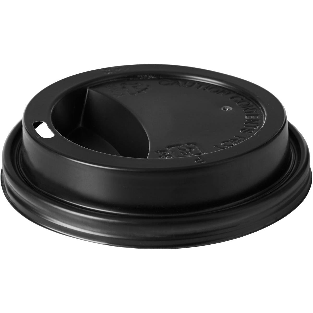 The lid for 159921 Black PS from Duni GmbH is a black plastic coffee cup lid with a small drinking hole and raised sipping section. It fits securely on disposable cups. The package contains 100 pieces.
