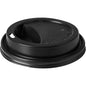 The lid for 159921 Black PS from Duni GmbH is a black plastic coffee cup lid with a small drinking hole and raised sipping section. It fits securely on disposable cups. The package contains 100 pieces.