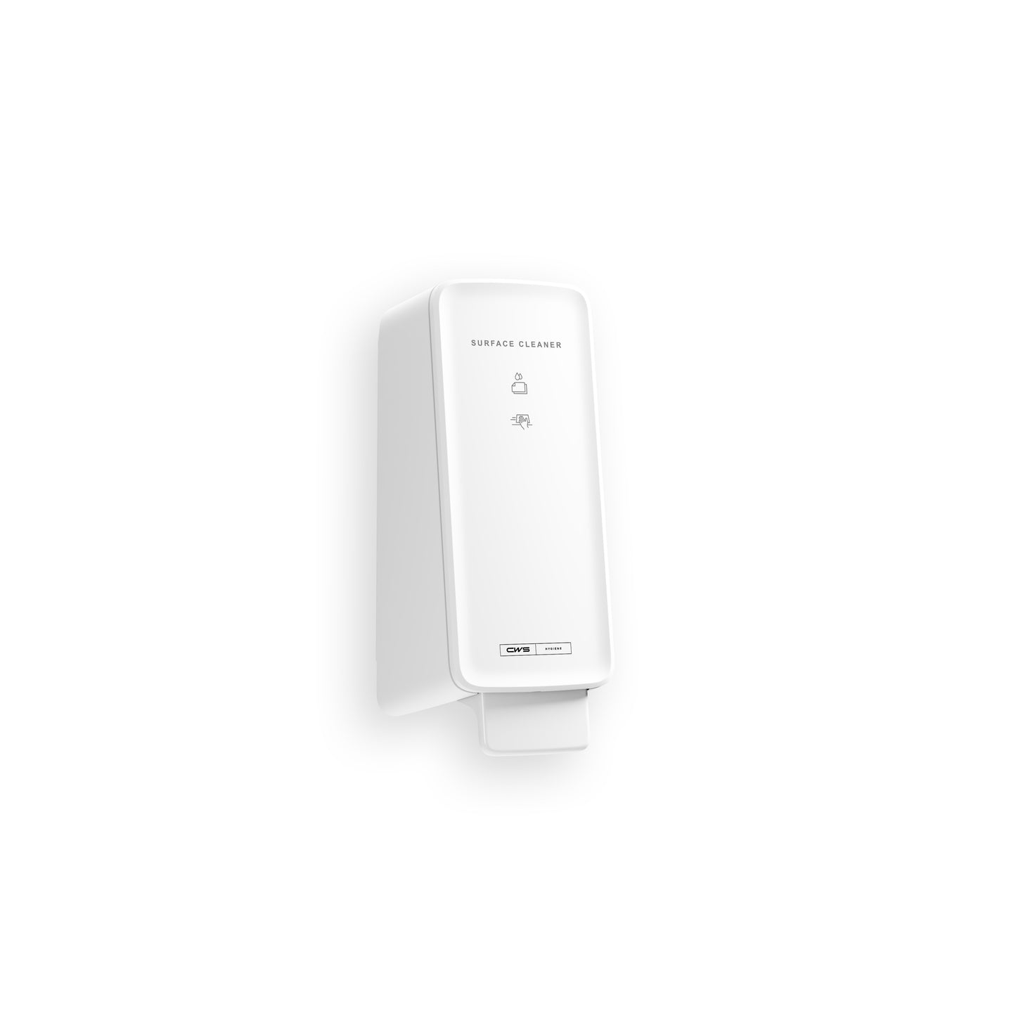 A white, rectangular, wall-mounted CWS PureLine Surface Cleaner | Pack (1 piece) dispenser from CWS with a push lever and simple front labeling offers hygienic surfaces against a plain white background.