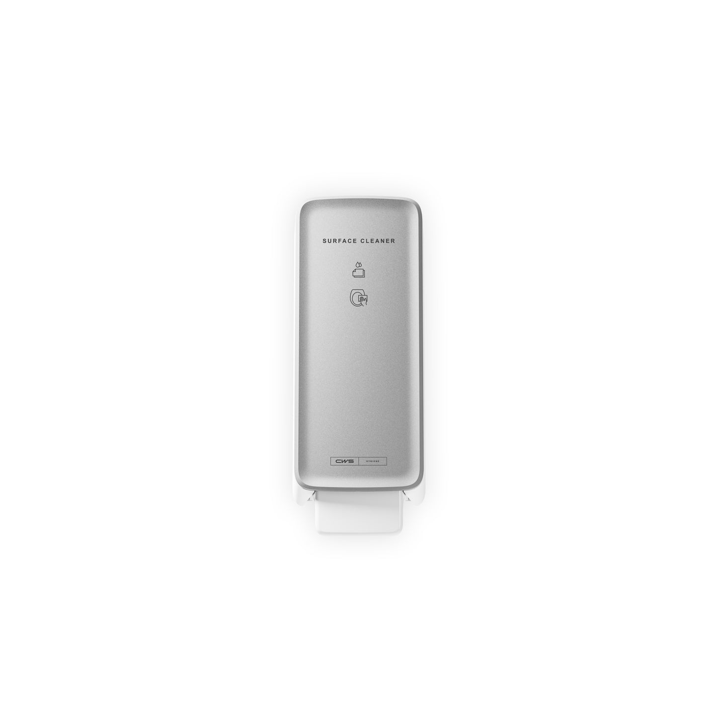 The CWS PureLine front panel for the surface cleaner toilet is a silver, wall-mounted dispenser with a visible push lever, minimal text instructions, and modern design, depicted against a white background.