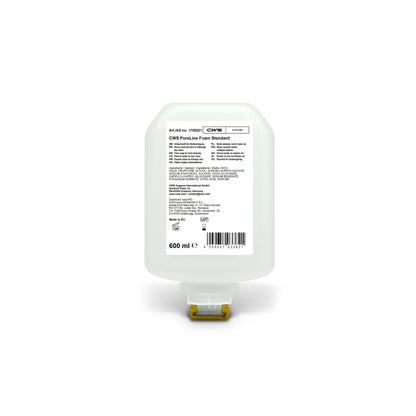 Die CWS PureLine Foam Standard 600 ml ist eine transparente Nachfüllkartusche für Schaumseifenspender, die ein weißes Etikett mit Angaben, Inhaltsstoffen und Barcode sowie eine gelbe Bodendüse aufweist. Marke: CWS.