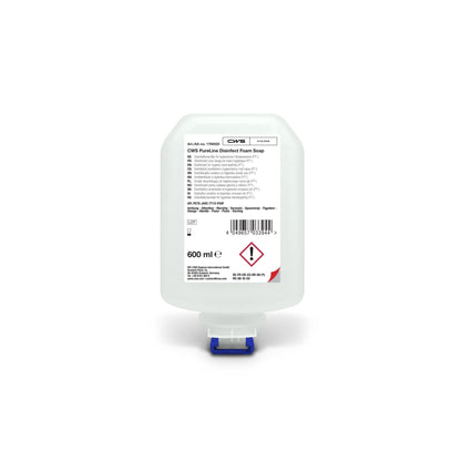 A 600 ml bottle of CWS PureLine Desinfect Gel from CWS with a clear design, blue-white dispenser, and a label with product details, application instructions, safety symbols, and warnings against germs and bacteria.