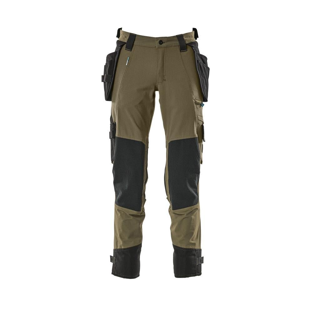 Pants with hanging pockets, stretch pants, moss green