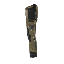 Pants with hanging pockets, stretch pants, moss green