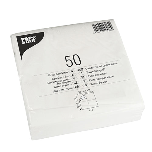 A sealed pack of 50 PAPSTAR GmbH napkins 1/4-fold, 33x33 cm, white, 2-ply in a foil packaging with multilingual printed product information and dimensions.