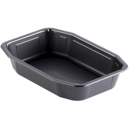 The Duni GmbH PP tray HMR Black PP 215x148 is a rectangular, black, non-stick coated polypropylene pan with slanted sides and rounded corners. Pictured on a white background, it is dishwasher safe for easy cleaning and long-lasting durability.