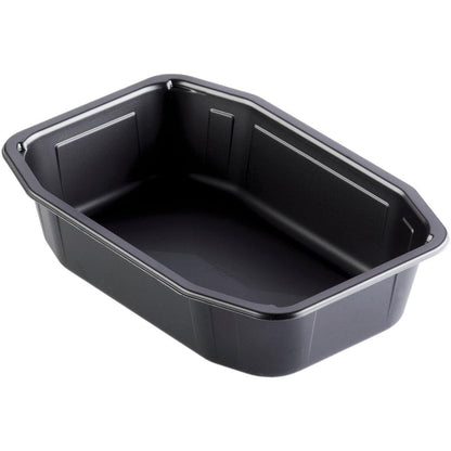 A PP tray HMR Black PP 215x148 from Duni GmbH, rectangular with angled sides and a flat bottom, is pictured in black on a white background.