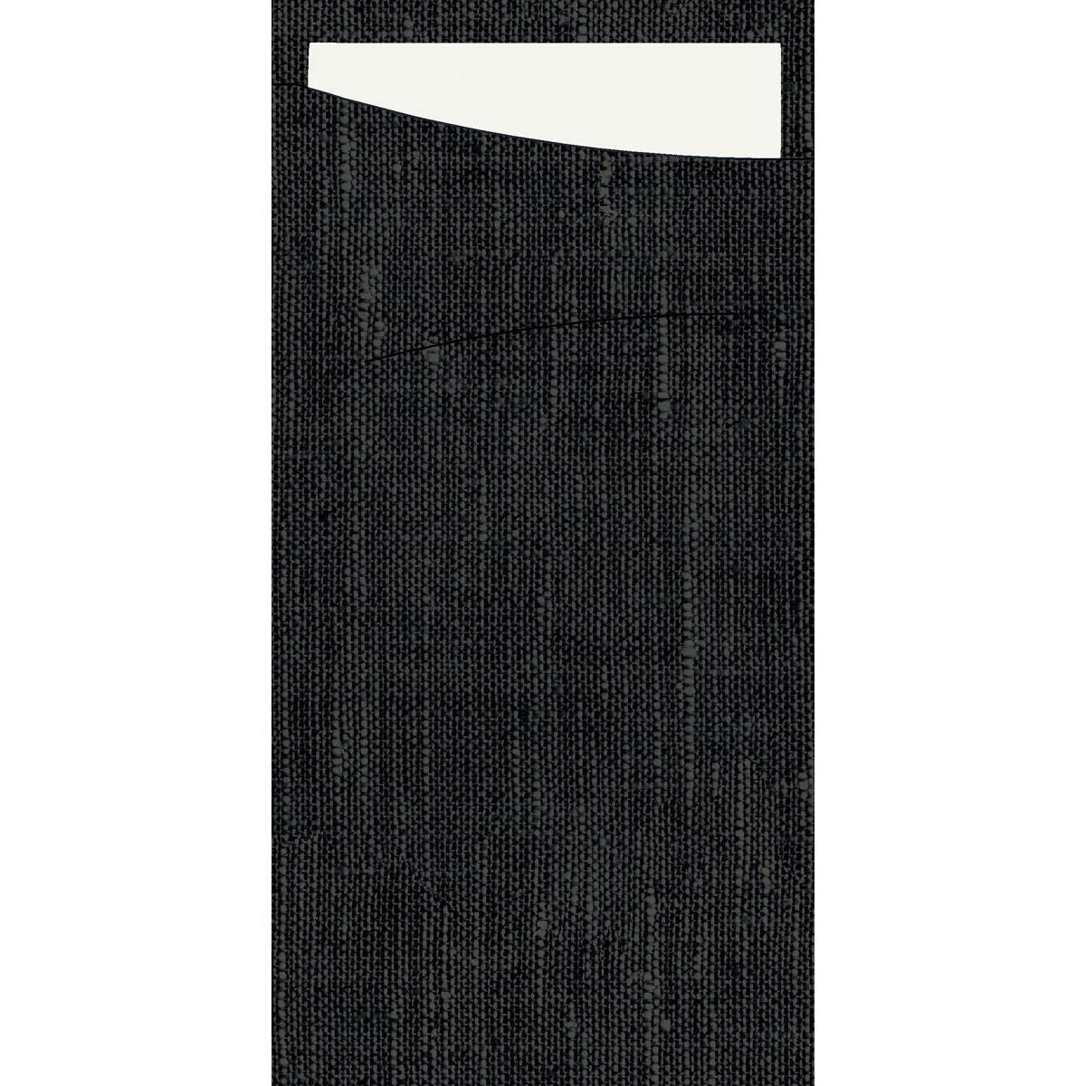 A white Sacchetto Dunisoft 230 x 115 mm from Duni GmbH partially protrudes from the top of a dark, textured fabric bag.