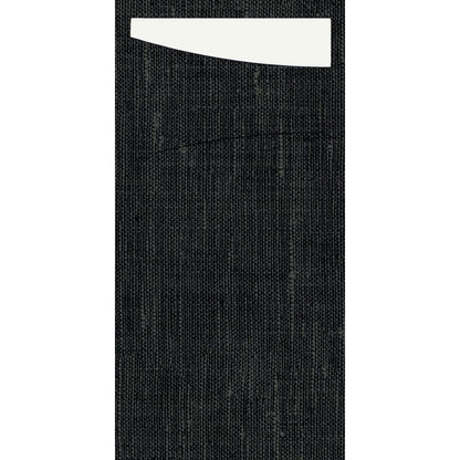 A white Sacchetto Dunisoft 230 x 115 mm from Duni GmbH partially protrudes from the top of a dark, textured fabric bag.