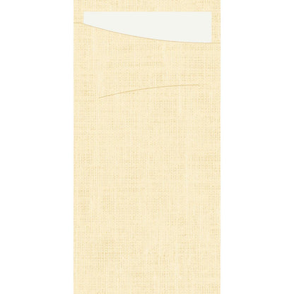 A cream-colored textured Sacchetto Dunisoft 230 x 115 mm from Duni GmbH with a visible bag and white card, ideal for gift wrapping or as a paper bag.