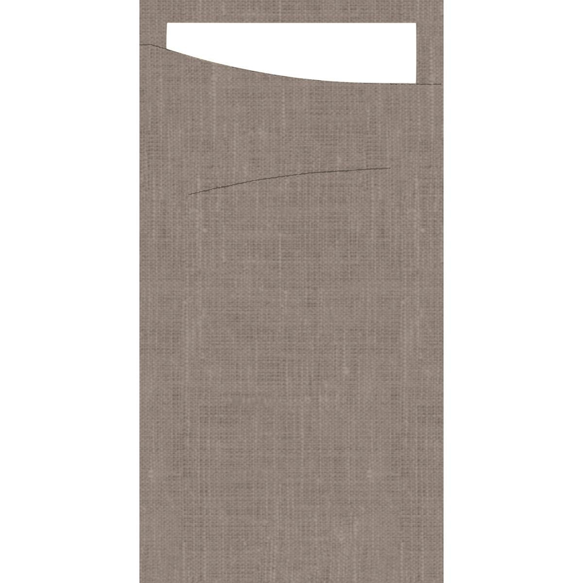 The Sacchetto Dunisoft 230 x 115 mm from Duni GmbH has a light brown, textured fabric, a rectangular white shape at the top edge, and a thin black curved line below the middle, reminiscent of gift wrapping.