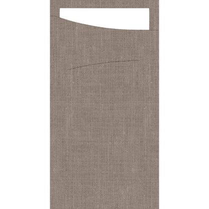 The Sacchetto Dunisoft 230 x 115 mm from Duni GmbH has a light brown, textured fabric, a rectangular white shape at the top edge, and a thin black curved line below the middle, reminiscent of gift wrapping.