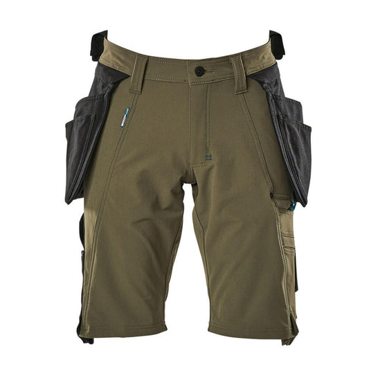 Shorts, removable hanging pockets, stretch craftsman shorts, moss green
