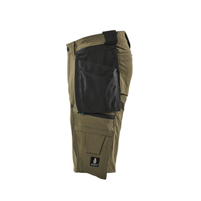 Shorts, removable hanging pockets, stretch craftsman shorts, moss green