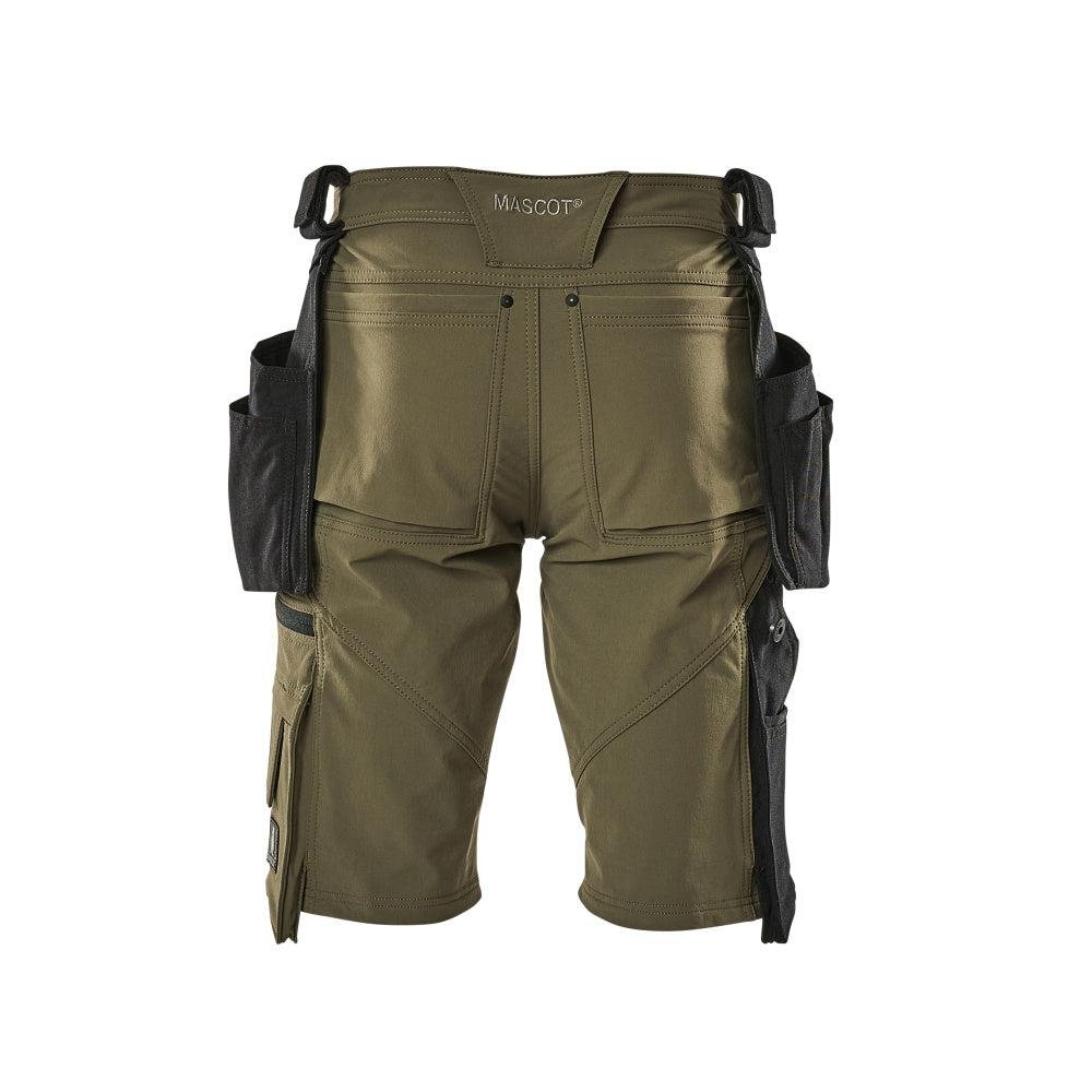 Shorts, removable hanging pockets, stretch craftsman shorts, moss green