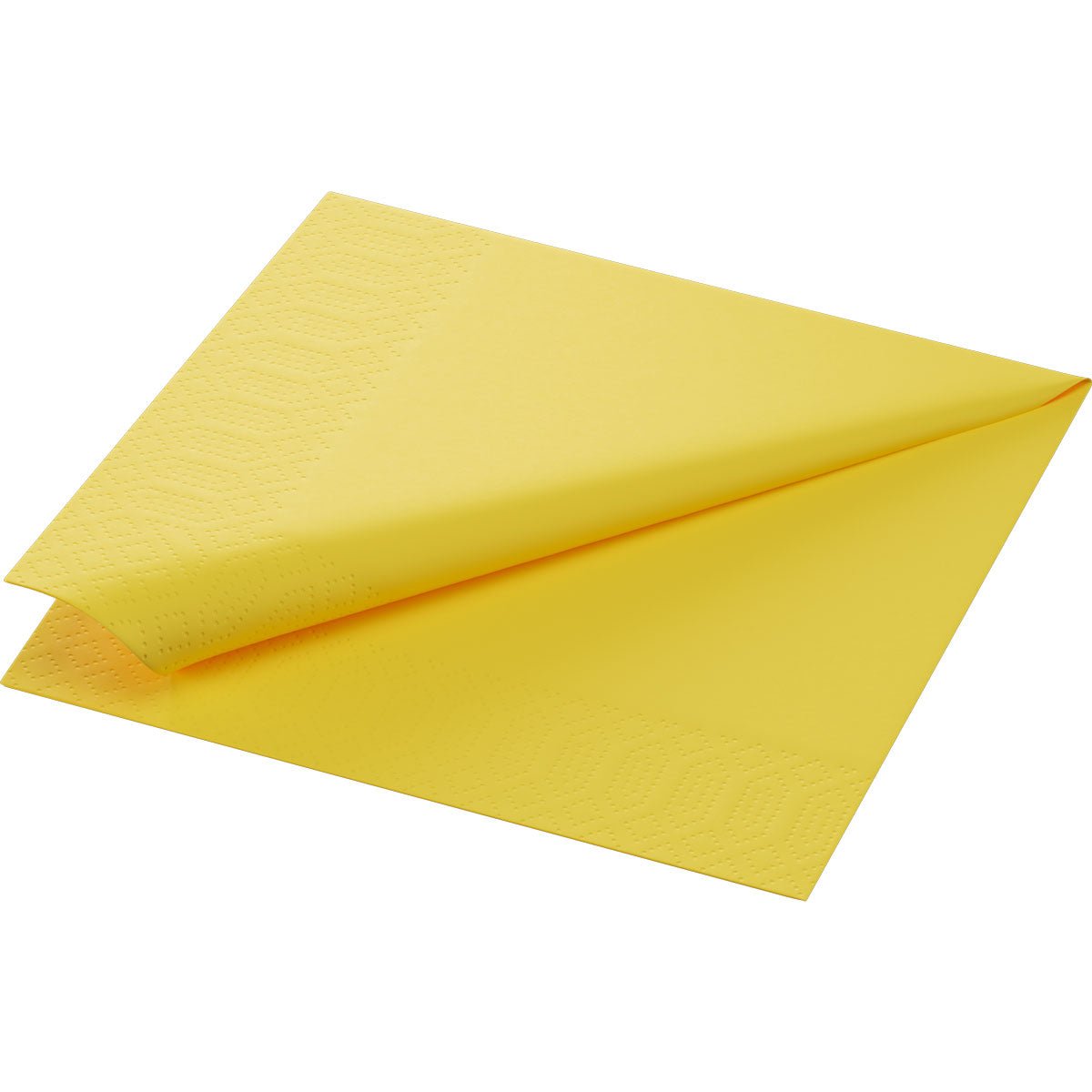 A single Duni GmbH Zellt.Serv. 33x33 cm, yellow, 1-ply napkin (1/4 fold) from a pack of 500 is folded diagonally so that an upper and a lower layer with an embossed edge appear on a white background.