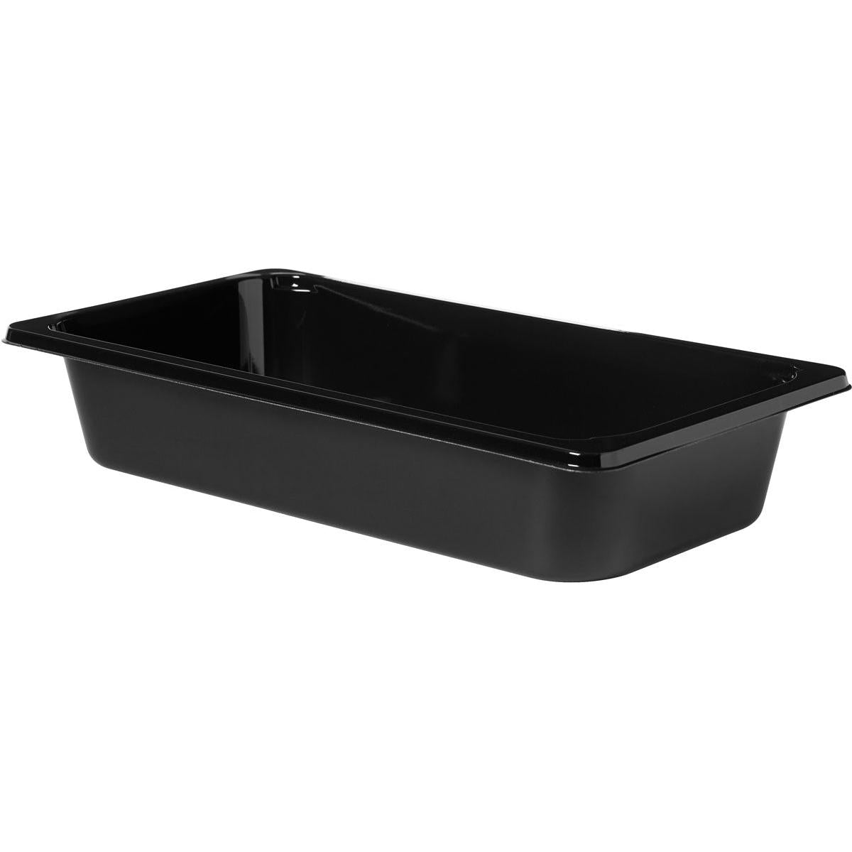 Pictured is a black CPET tray 1/3 GN from Duni GmbH (325x176x60 mm) made of plastic with smooth sides and rounded corners, from the front on a white background. The package contains 174 pieces.