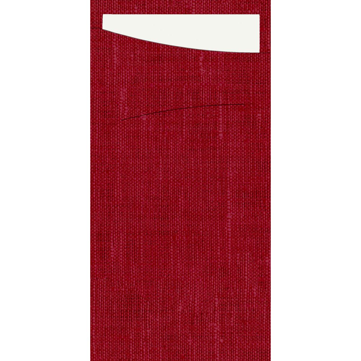 A rectangular white card partially protrudes from a Sacchetto Dunisoft 230 x 115 mm from Duni GmbH, which lies on a textured red fabric. The Sacchetto is located at the top edge of the image.