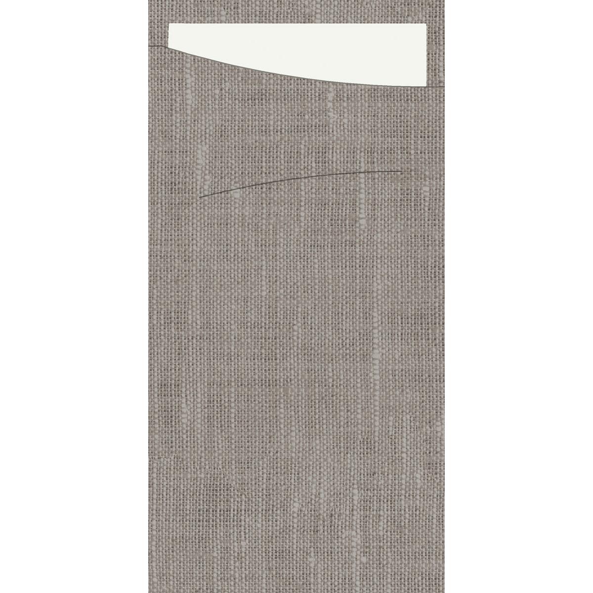 Close-up of a gray textured fabric with a straight seam and a white Sacchetto Dunisoft 230 x 115 mm from Duni GmbH, partially inserted into a horizontal pocket at the top area.
