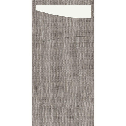 Close-up of a gray textured fabric with a straight seam and a white Sacchetto Dunisoft 230 x 115 mm from Duni GmbH, partially inserted into a horizontal pocket at the top area.