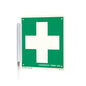 A green-white "Clip sign | Pack (1 piece)" from Orkla Wound Care AB with a large white cross and the inscription "Cederroth First Aid" is mounted on the wall like a signature stamp with a metal bracket and is thus clearly visible at the workplace.