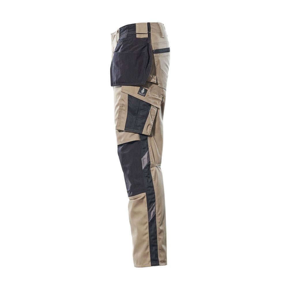 Trousers with hanging pockets, light weight trousers, light khaki/black