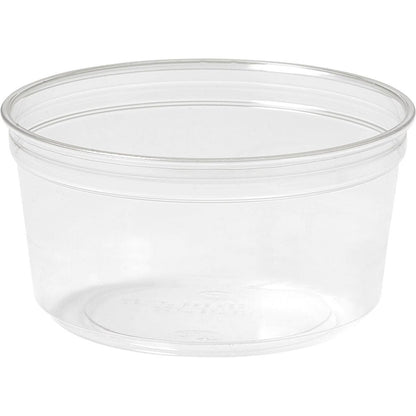 The Duni GmbH Deli Bowl Crystal, transparent, is a clear round container with a wide rim, ideal as a serving bowl for displaying and serving food against a white background.