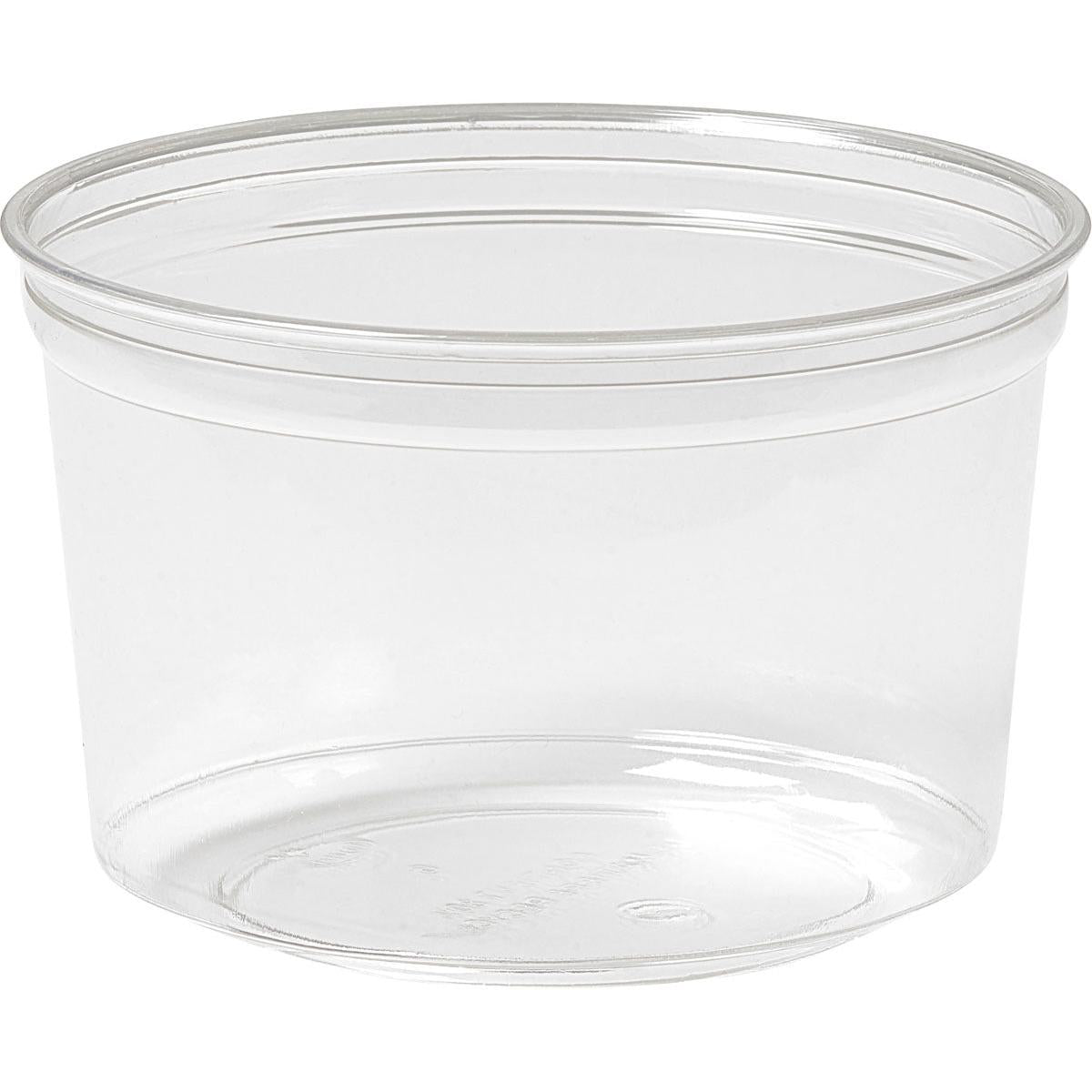 The Duni GmbH Deli Bowl Crystal is a transparent, round plastic food container without a lid, depicted empty against a white background.