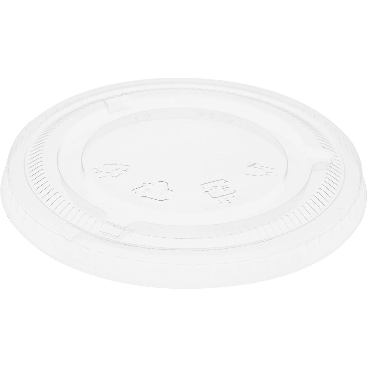 A transparent rPET flat lid without opening from Duni GmbH for 188004-6, with embossed recycling symbols and a ribbed edge. Delivered as a pack of 50 pieces.