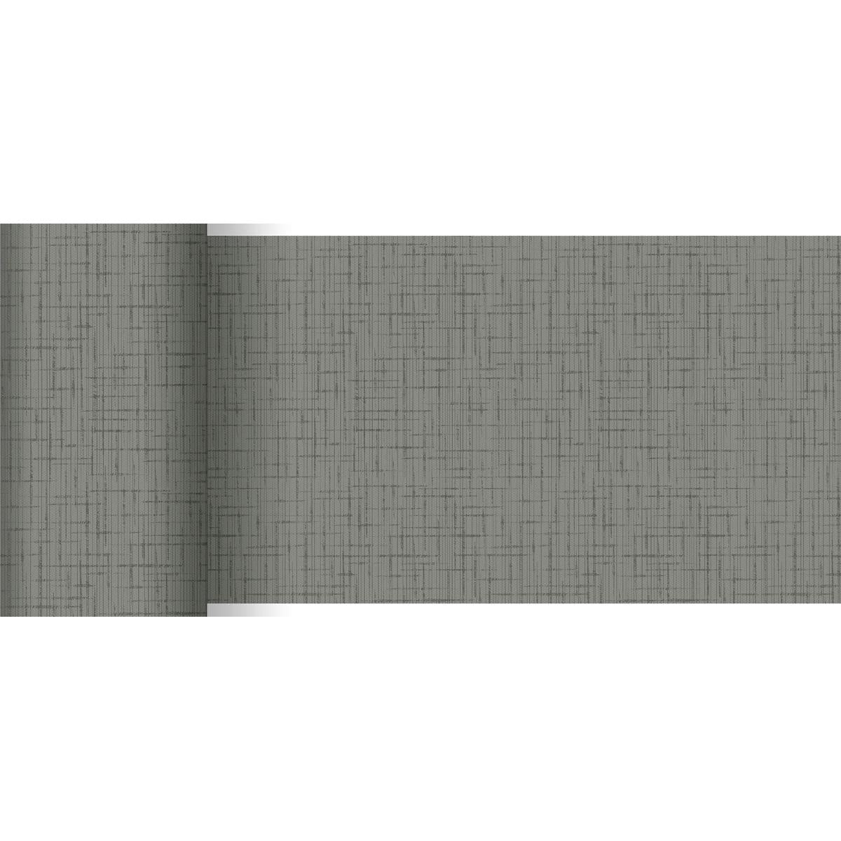 Eine graue Tapetenrolle mit dezentem Gittermuster ergänzt den Dunicel-Tischläufer 20 m x 15 cm der Duni GmbH, der teilweise auf weißem Untergrund ausgerollt ist - perfekt für eine stilvolle Tischdekoration.
