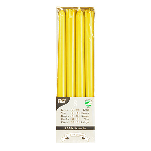 A box of 8 PAPSTAR taper candles (Ø 2.2 cm, 25 cm) made of 100% stearin from PAPSTAR GmbH, visible through a clear window; multilingual label. These candles offer a long burning time for sustainable lighting.