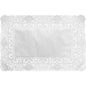 The Duni GmbH decorative lace paper 25x35 cm, white has a plain center and an ornate lace border - ideal for elegant decorations. Sold in a pack of 250 high-quality paper lace doilies.