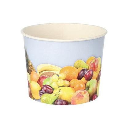 The Starpak 50 ice cream cup made of cardboard is an environmentally friendly, round disposable ice cream cup with a light blue background and fruit motifs (grapes, apples, oranges, bananas, peaches) and stands empty on a white surface.