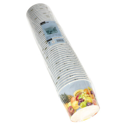A pack of 50 round disposable ice cream cups made of paper from Starpak, each with different fruit images on the side, wrapped in plastic.