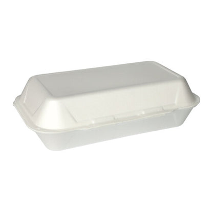 Against a simple white background, a closed white Starpak 100 all-purpose box with a hinged lid take-away container (XPS, 1800 ml, 7.5 x 24 x 13.3 cm) is depicted.