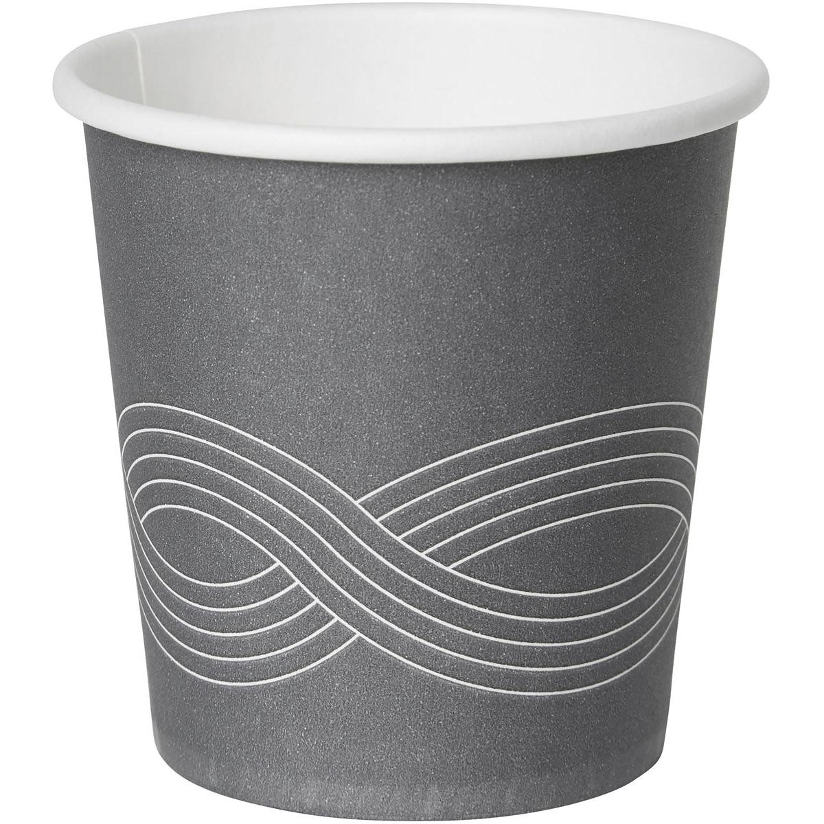 The Circuit Printed Paper Cup PAP/PE by Duni GmbH presents itself in a gray design with a white interior and an infinity symbol. This stylish paper cup is ideal for serving coffee at any event.
